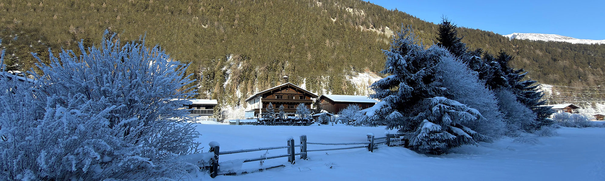 Winteransicht vom Hotel Garni Bergwelt mit verschneiter Wiese, Holzzaun und Bäumen vor Bergkulisse.