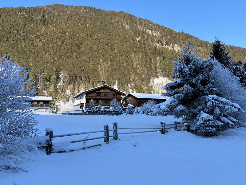 Winteransicht vom Hotel Garni Bergwelt mit verschneiter Wiese, Holzzaun und Bäumen vor Bergkulisse.